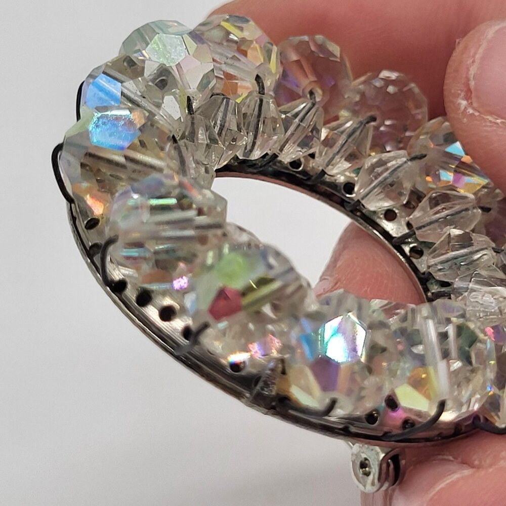 Vintage Aurora Borealis AB Beaded Circle Brooch Pin With Silver Tone Back - Picture 7 of 9